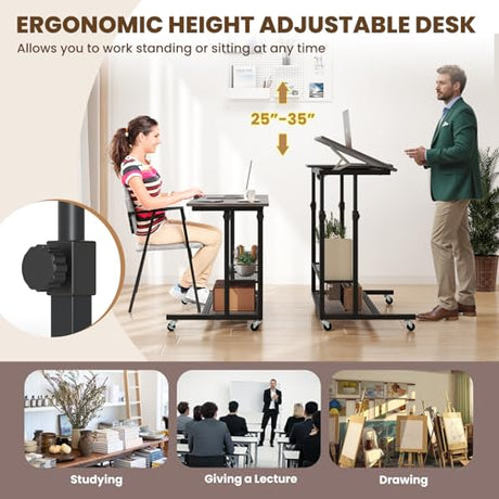 Giantex Mobile Standing Desk, Adjustable Rolling Computer Desk w/Tilting Desktop & Storage Shelves, PC Laptop Table, Small Compact Desk on Wheels for Small Space, Living Room & Bedroom (Black Oak) Giantex