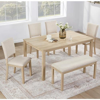 LUMISOL 6-Piece Dining Table Set with Bench and Chairs, Farmhouse Kitchen Table Set for 6 People, Wooden Table and Chairs Set for Kitchen, Dining Room, Light Oak+Beige