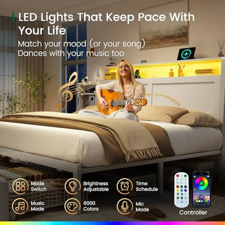 LARMACE King Size Bed Frame with Charging Station and LED Lights Wooden Platform Bed Frame with Storage Drawers and Ergonomic Headboard,2-Tier Hidden Storage,No Box Spring Needed,Easy Assembly,White LARMACE