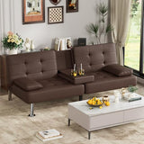 JUMMICO Faux Leather Futon Sofa Bed Futon Couch with Removable Armrests Adjustable Sleeper Sofa Bed with 2 Cup Holders for Living Room (PU Leather, Brown) JUMMICO