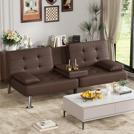 JUMMICO Faux Leather Futon Sofa Bed Futon Couch with Removable Armrests Adjustable Sleeper Sofa Bed with 2 Cup Holders for Living Room (PU Leather, Brown) JUMMICO