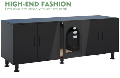 Amunrbrek Double Litter Box Enclosure, Litter Box Enclosure for 2 Litter Boxes, Modern Litter Box Furniture for 2 Cats, with Cat Door & Motion Light (Black) amunrbrek