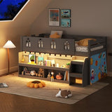 JOYMOR Low Loft Bed Twin Size with LED Lights, 4 Storage Shelves, Removable Curtain, Kids Wood Loft Bed with 15" H Safety Guardrail, Spave Saving, Mattress Not Included (Gray) JOYMOR