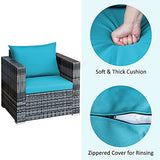 COSTWAY 3 PC Patio Rattan Furniture Bistro Set Cushioned Sofa Chair Turquoise COSTWAY