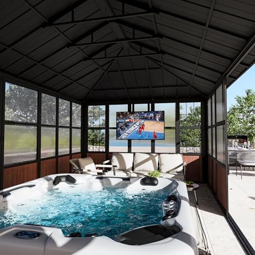 Modern Shade Clario Solarium 12'x20' Sunroom Hardtop Gazebo with TV Mount & Sliding Doors, Galvanized Steel Roof Screen House, Ventilation Design & Wood Grain Finish, All-Weather Aluminum Sun Room