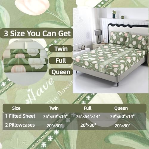 SDIII Green Floral Twin Bed Fitted Sheet with 2 Pillowcases, Not Including Flat Sheet, Soft Microfiber Rabbit and Floral Bed Fitted Sheets Twin Size SDIII