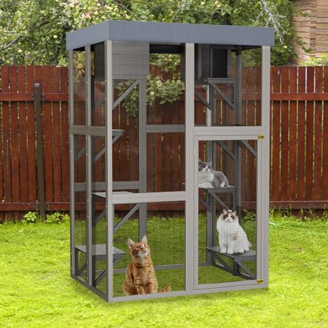 Outdoor Wooden Catio Cat House,Large Cat Enclosure with 6 Platforms,2 Napping Houses & Removable Waterproof Roof,Solid Wood Playpen Cage for Multiple Cats,Secure & Walk-in Design,70.5" H Gray GDFStudio