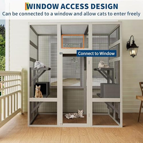 70" Large Outdoor Catio Cat Enclosure, Wood Cat Patio with Waterproof UV-Resistant Roof, Cats Shelter with 5 Platforms and 2 Resting Box, and Secure Rust-Proof Wire for Backyard or Patio IDEALHOUSE