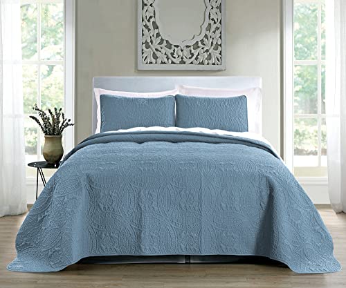 Pure Bedding Quilt Set Full/Queen Size Ash Blue - Oversized Bedspread - Soft Microfiber Lightweight Coverlet for All Season - 3 Piece Includes 1 Quilt and 2 Shams, Geometric Pattern Pure Bedding