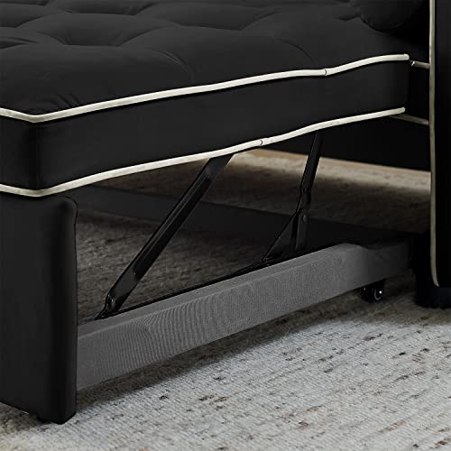 3 in 1 Sleeper Sofa Couch Bed, Small Tufted Velvet Convertible Loveseat Futon Sofa w/Pullout Bed, Adjustable Backrest, Cylinder Pillows for Living Room Apartment, Easy to Assemble, Black, 55.5"