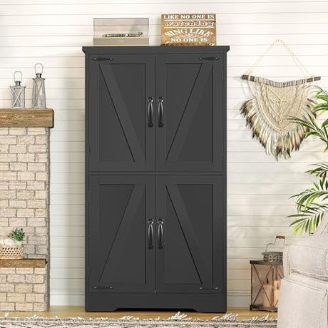 TEENFON Farmhouse Storage Cabinet with 2 Adjustable Shelves, Kitchen Cabinet with 4 Doors, Cupboard for Kitchen, Living Room, Black TEENFON