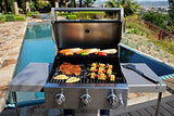 Permasteel 3-Burner Propane Gas Grill, 30,000 BTUs BBQ Grill with Cast Iron Grates, Foldable Side Tables & Tool Hooks, Outdoor Grill, Azure Permasteel