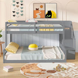 Giantex Twin Over Full Bunk Bed with Stairs, Solid Wood Floor Bunk Bed with Storage Staircase & Full-Length Guardrails, Low Bunk Bed with for Kids, Teens, Adults, Dorm, Small Space, Grey Giantex