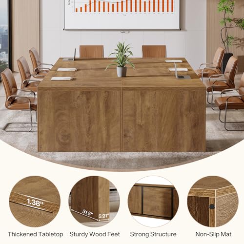 Tribesigns 12 ft Conference Table for 10-14 People, 142-Inch Rectangular Executive Meeting Table for Office, Farmhouse Sturdy Business Desk for Office Conference Room, (2, Brown) Tribesigns