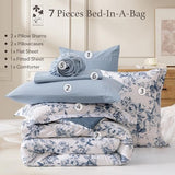 BLOOMHAVEN Queen Comforter Set -7 Pieces Floral Blue Comforter Set for All Seasons, Bed in a Bag Queen with Botanical Flowers Comforter, Sheets, Pillowcases & Shams BLOOMHAVEN