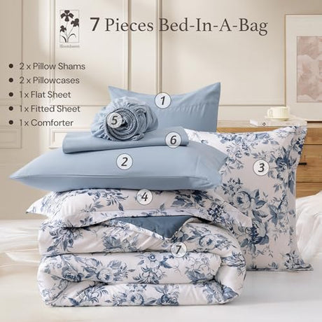 BLOOMHAVEN Queen Comforter Set -7 Pieces Floral Blue Comforter Set for All Seasons, Bed in a Bag Queen with Botanical Flowers Comforter, Sheets, Pillowcases & Shams BLOOMHAVEN