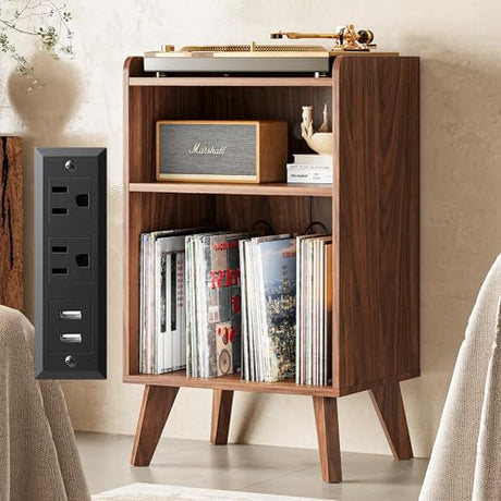 Record Player Stand, Turntable Stand with Record Storage and Charging Station & USB Ports, Record Player Table with Metal Divider, Record Stand Up to 160 Albums for Living Room, Bedroom Walnut astimey