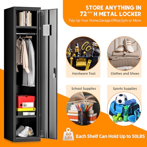 INTERGREAT Metal Locker for Employee with Lock, 72" H Employee Locker Storage Cabinets with Single Door, Steel Storage Lockers for Home Office,Gym,School (Black) INTERGREAT