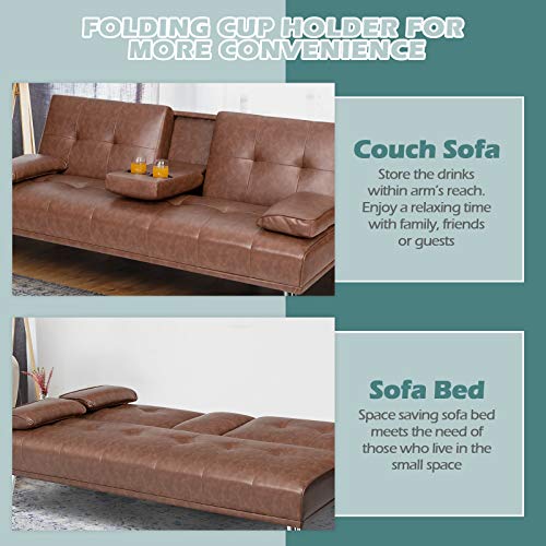 Giantex Convertible Futon Sofa Bed, Faux Leather Sectional Couch Sleeper, Removable Armrests 2 Cup Holders Backrest Adjustable, Upholstered Small Guest Bed for Apartment Living Room Brown Giantex