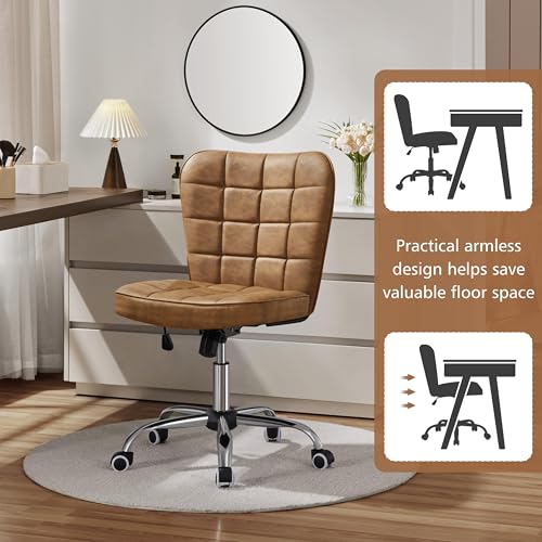 Yaheetech Armless Desk Chair Modern Tufted Office Chair Faux Leather Upholstered Computer Chair with Adjustable Seat Height and Rolling Wheels for Home/Office, Retro Brown Yaheetech