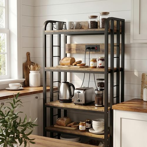 Alavoco 4-Tier Kitchen Baker's Rack with Power Outlet,Free Standing Microwave Oven Cart Stand,Heavy Duty Organizer Rack for Kitchen, Living Room, Dinning Room,Coffee Bar