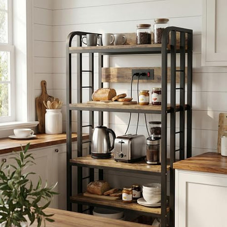 Alavoco 4-Tier Kitchen Baker's Rack with Power Outlet,Free Standing Microwave Oven Cart Stand,Heavy Duty Organizer Rack for Kitchen, Living Room, Dinning Room,Coffee Bar Alavoco