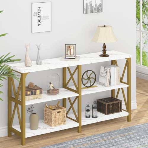 IBF Modern 3 Tier Entryway Table, Industrial Metal Wood TV Console Table with Storage Shelves, Farmhouse White Faux Marble and Gold Sofa Accent Table for Hallway Entry Way Foyer Living Room, 55 Inch IBF