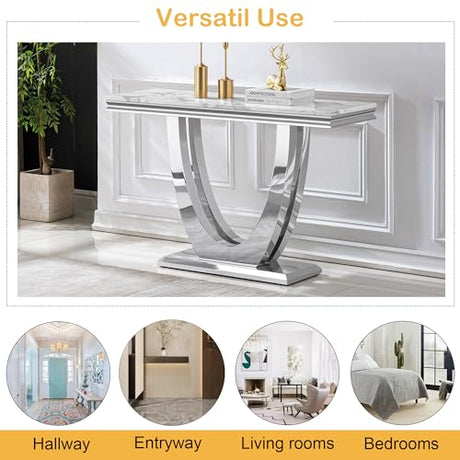 47" Marble Console Table Luxury Silver Sofa Table with Geometric U-Shape Stainless Steel Pedestal Modern Long Console Sofa Table White Marble Entryway Hall Table for Living Room Hallway Goujxcy