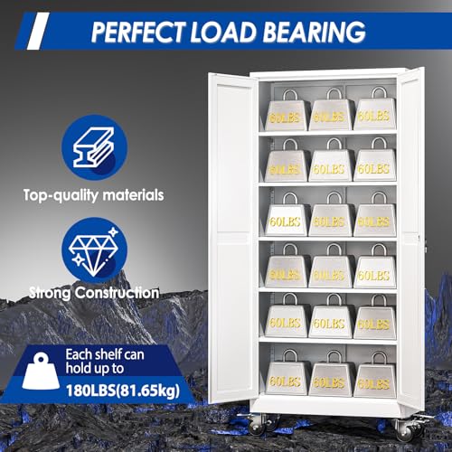 GAIOUS Metal Garage Storage Cabinet with Lock, Steel Tool Cabinet with 2 Doors and 5 Adjustable Shelves, 75” Tall Lockable File Cabinet with Wheels, Organization for Home Office Garage Gym - White GAIOUS