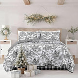 Wonderful 100% Cotton Black Floral Quilt Set Queen Size Bedding Sets with Pillow Shams and Bed Skirt, 4 Pieces Floral Bedspread Coverlet Set, Quilted Blanket Bed Cover for All Season, 88"x90" Wonderful