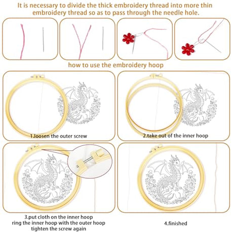BEUNITONE 6 Sets Embroidery Kits for Beginners with Dragon and Flowers Patterns, DIY Craft Kits for Adults Include Embroidery Hoops and Instructions, Needlepoint Kits for Craft Lover and Home Decor BEUNITONE