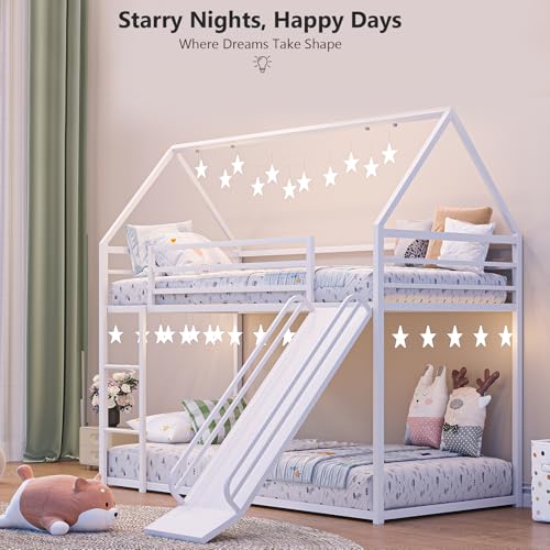 YIORTWO House Bunk Bed Twin-Over-Twin Low Metal Frame with Roof Fun Convertible Slide & Full Safety Guardrails Durable Toddler Bunk Bed with Montessori Floor Design,White YIORTWO
