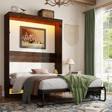 Hlivelood Queen Size Murphy Bed with 2 LED Lights, Farmhouse Wood Hidden Foldable Wall Bed Frame w/Gas Struts, Storage Bed Cabinet for Bedroom, Office, Space-Saving, No Box Spring Needed, Brown Hlivelood