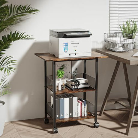 BOHDK Printer Stand, 3-Tier Industrial Large Printer Table with Shelf, 23"x15" Mobile Heavy Duty Storage Rack on Wheels for Home Office Printer Fax Machine Scanner Copier BOHDK