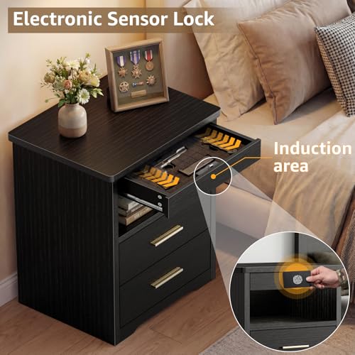 Black Nightstand with Gun Drawer for Bedroom Modern 3 Drawer Night Stand Gun Safe for Handgun Bed Side Table with Storage Hidden Compartment Locking Drawer IGERI
