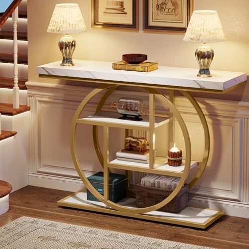 Tribesigns 41.3" Console Table, Industrial 4-Tier Sofa Entryway Table with Circle Base, Narrow Wood Accent Tables with Storage Shelves for Living Room, Hallway, Foyer, White Gold Tribesigns