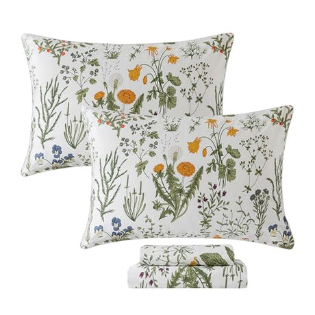 FADFAY 100% Egyptian Cotton Sheets Twin Botanical Printed Floral Sheets Yellow Flowers & Leaves Pattern Farmhouse Bedding Soft and Breathable French Country Bedding 4Pcs Deep Pocket Twin Sheet Set FADFAY
