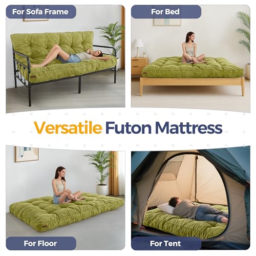 MAXYOYO 6" Futon Mattress Full Size, Tufted Futons Sofa Couch Bed with Twisted Rope Design Edging, Thick Corded Fabric Floor Mattress for Adults, Shredded Foam Filling (Frame Not Included), Green MAXYOYO