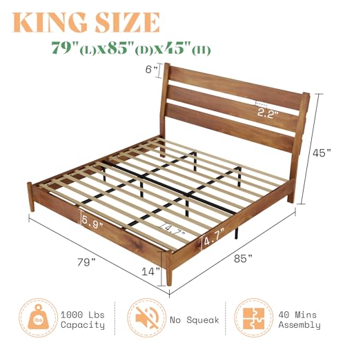 AMERLIFE King Size Mid Century Solid Wood Bed Frame with Reclining Headboard and Noise-Free Slat Support - WoodArtSupply