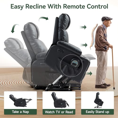 Power Lift Recliner Chair for Elderly with Heat & Massage, 160° Electric Adjustable PU Leather Recliner with Remote Control, Stand Assist, Cup Holders & Side Pockets for Living Room (Black) Vogue Furniture Direct