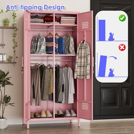 METAN 71" H*33.5" W*20" D Metal Wardrobe Closet with Lock,Extra Deep 2 Doors Metal Wardrobe Cabinet for Home,Assembly Required,Pink METAN