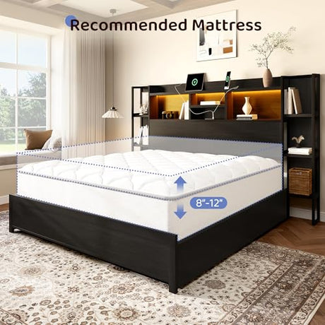 BRELTAM King Size Bed Frame with 4 Storage Drawers and Headboard Featuring Shelf Storage, Wooden Platform Bed Frame with LED Lights and Charging Station, Easy Assembly/No Box Spring Needed/Black BRELTAM