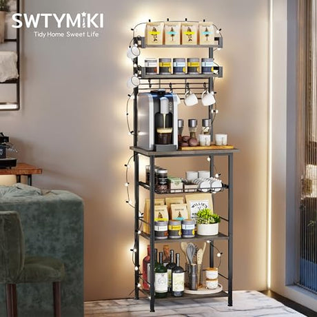 SWTYMIKI Coffee Bar Station Rack - Bakers Rack Corner Coffee Stand Station, Bar Cabinet for Kitchen with Hooks Grey SWTYMIKI