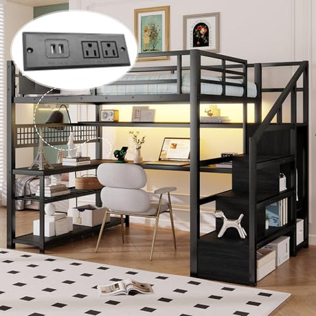 Mirightone Full Size Loft Bed with Desk & Stairs, Heavy-Duty Metal Loft Beds with Upper Shelves & Wardrobe, High Loft Bed Frame with LED and Charging Station for Boys, Girls and Teens (Black) Mirightone