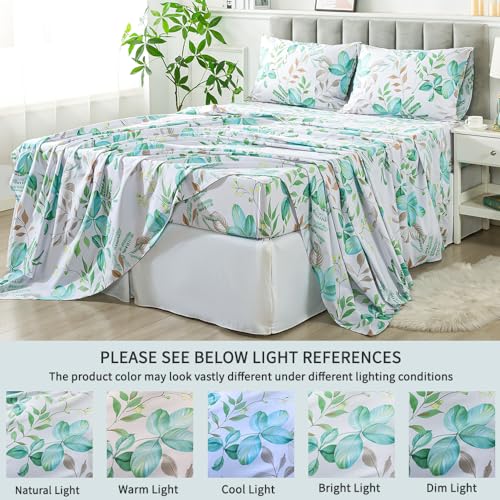 FADFAY Full Sheets 100% Cotton Teal Green Leaf Pattern Printed Bed Sheets, Botanical Sheets Leaves Pattern Modern Minimalist Bedding, Soft Crisp & Breathable Luxury Deep Pocket Fitted Sheet, 4Pc FADFAY