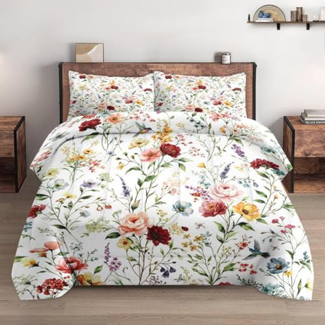 WeCozy King Size Comforter Set with 2 Pillowcases, Wildflower Flower Floral 3 Pcs Bedding for Kids and Adults, Boho Watercolor Butterfly Soft Comforter Set for Bedroom Bed Decor WeCozy