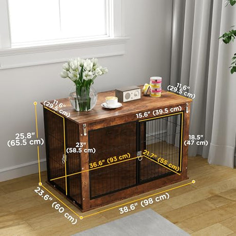 PawHut 39" Dog Crate Furniture with Flip-up Top Opening, Decorative Dog Kennel Furniture Side Table with 2 Doors for Large Breeds, Rustic Brown PawHut