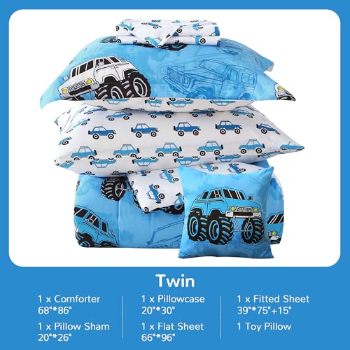 Mooreeke Kids Twin Comforter Sets for Boys 6 Pieces Truck Blue Bedding Set for Teens Soft Microfiber Kids Bed in A Bag with Comforter, Sheet Set, Shams and Decorative Toy Pillow All Season Mooreeke