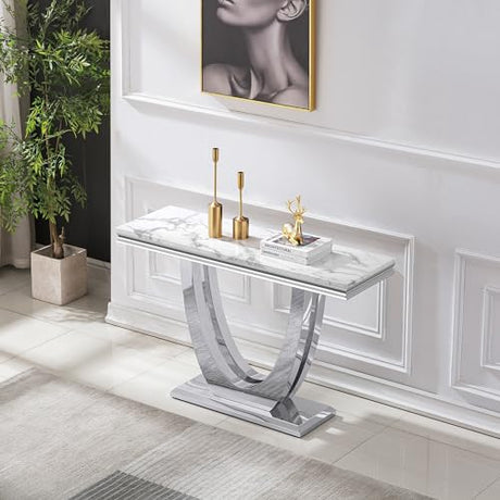 47" Marble Console Table Luxury Silver Sofa Table with Geometric U-Shape Stainless Steel Pedestal Modern Long Console Sofa Table White Marble Entryway Hall Table for Living Room Hallway Goujxcy