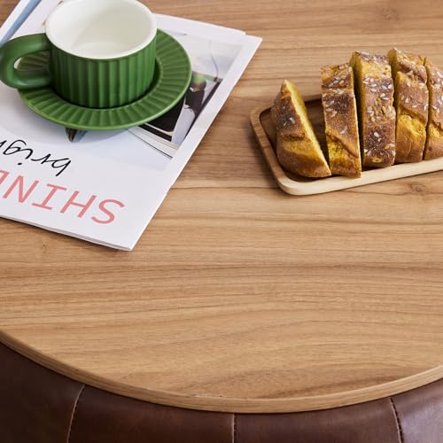 gusohey Round Storage Ottoman with Wooden Lid, Tufted PU Leather Circle Ottoman Footrest Stool Bench Coffee Table for Living Room,Brown gusohey